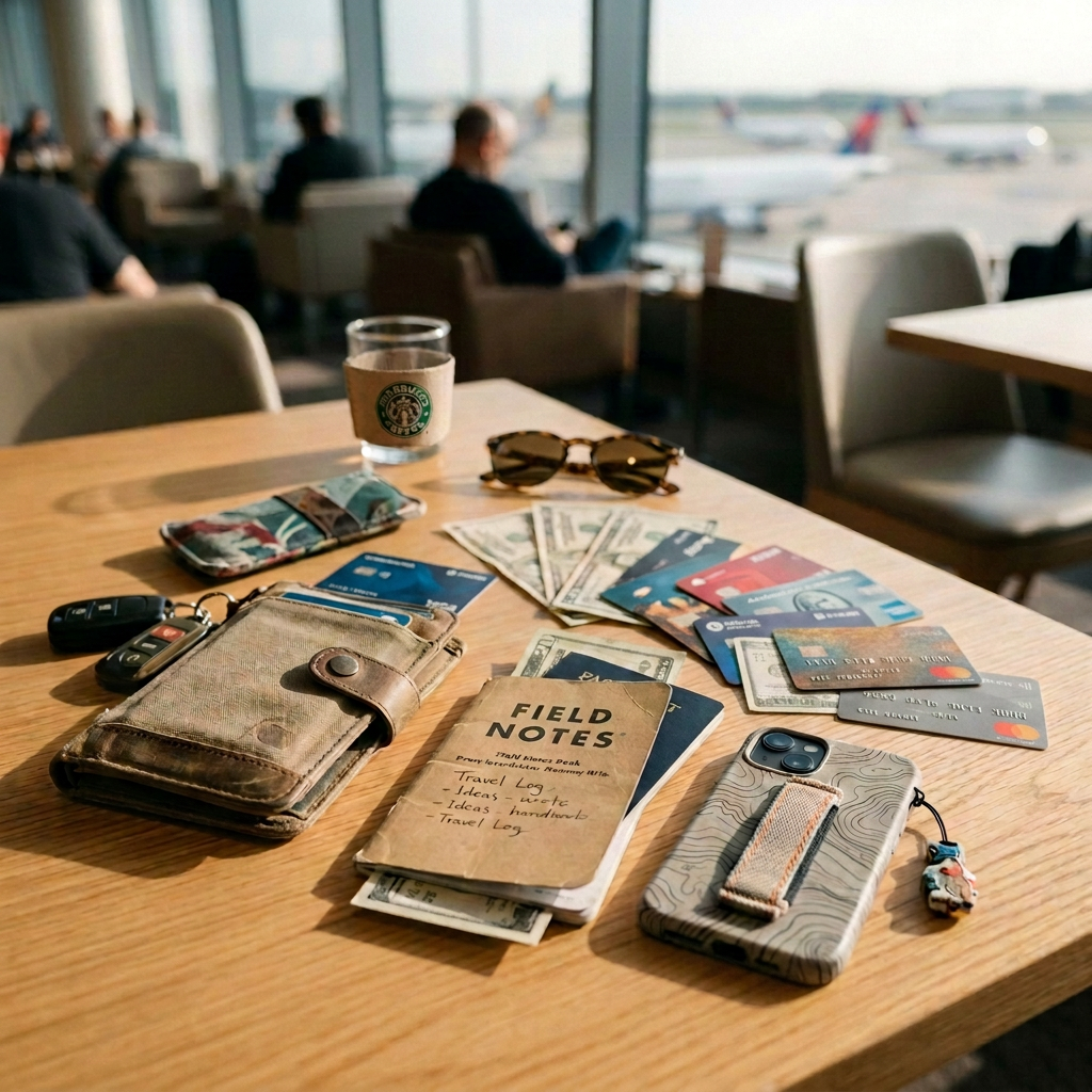 Passport, wallet, phone, currencies, and water on an airport lounge table