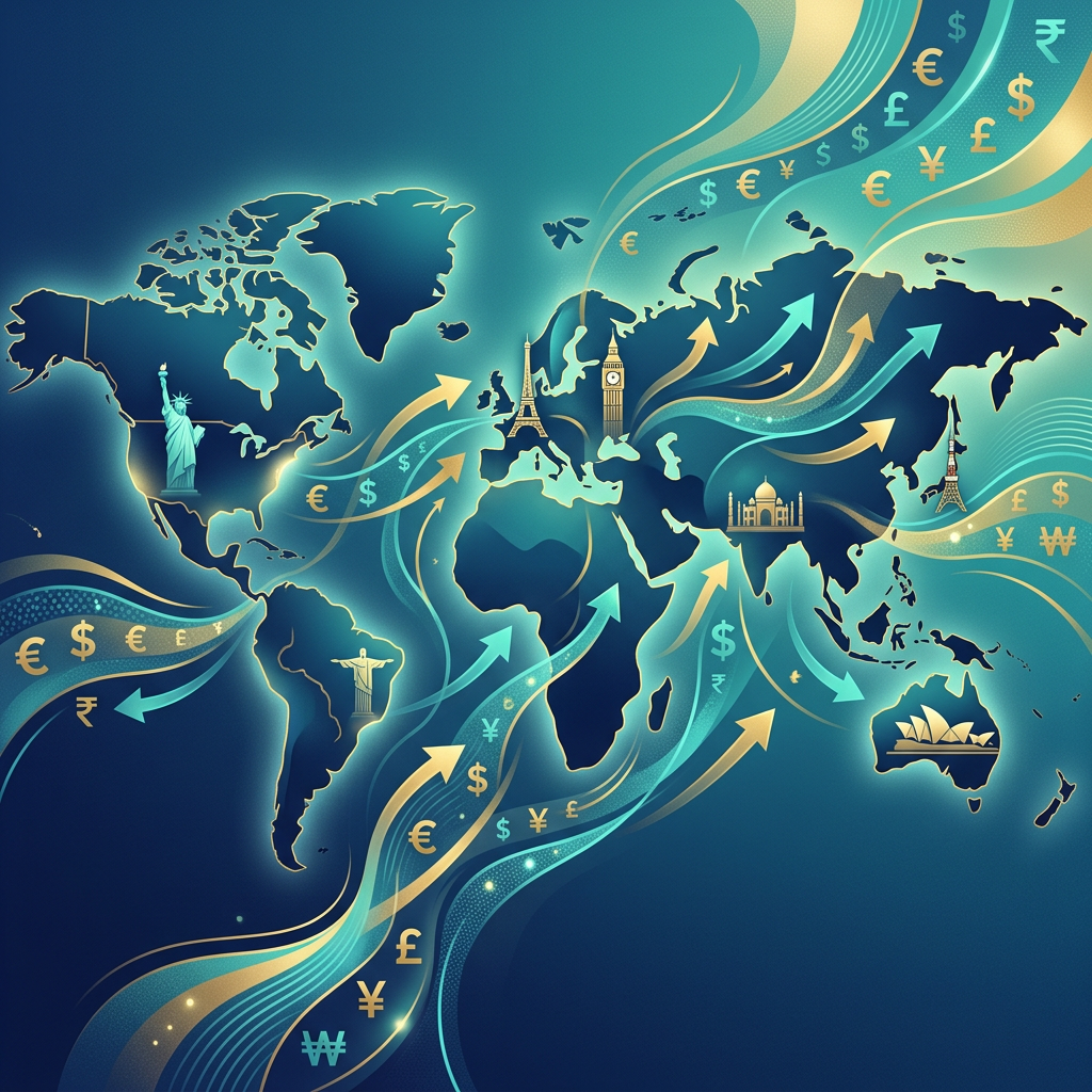 World map with flowing arrows, currency symbols, and famous landmarks